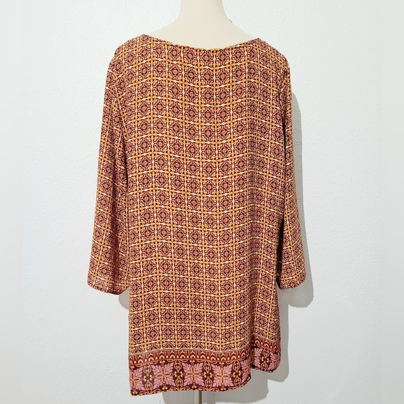 TACERA Women's Blouse XL Boho Geometric Print 3/4 Sleeve Flowing Fit Fall Colors - Picture 4 of 10